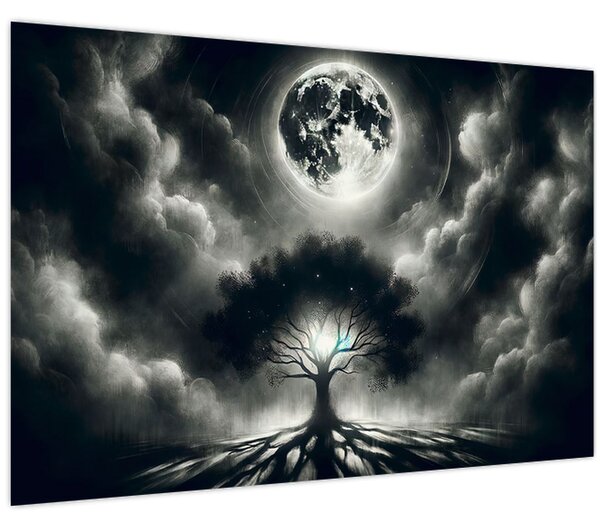 Slika – Crno-bijelo drvo u punom mjesecu (90x60 cm)
