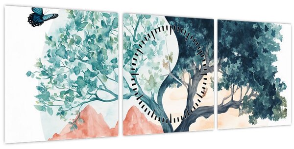 Slika – Akvarelno drvo puno života (sa satom) (90x30 cm)