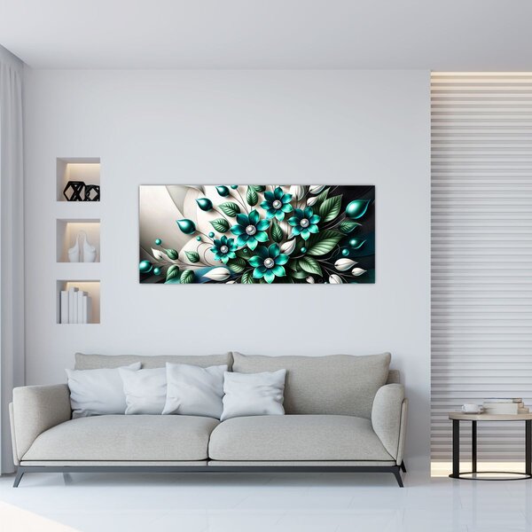 Slika - 3D tirkizni cvjetovi (120x50 cm)