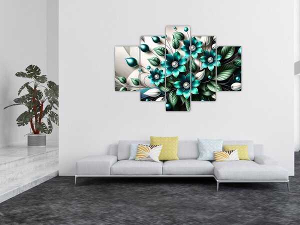 Slika - 3D tirkizni cvjetovi (150x105 cm)