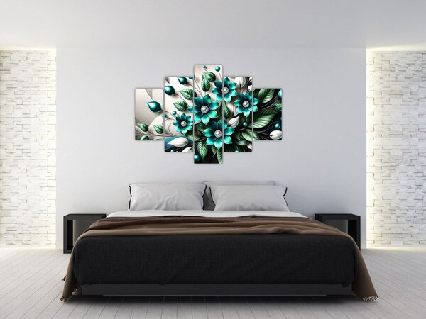 Slika - 3D tirkizni cvjetovi (150x105 cm)