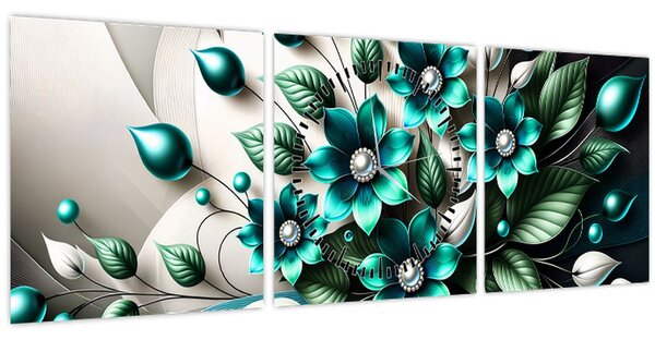 Slika - 3D tirkizni cvjetovi (sa satom) (90x30 cm)