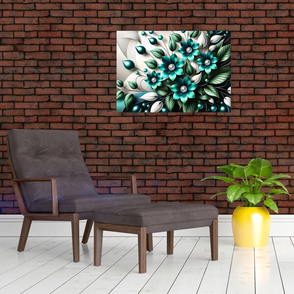 Slika - 3D tirkizni cvjetovi (70x50 cm)