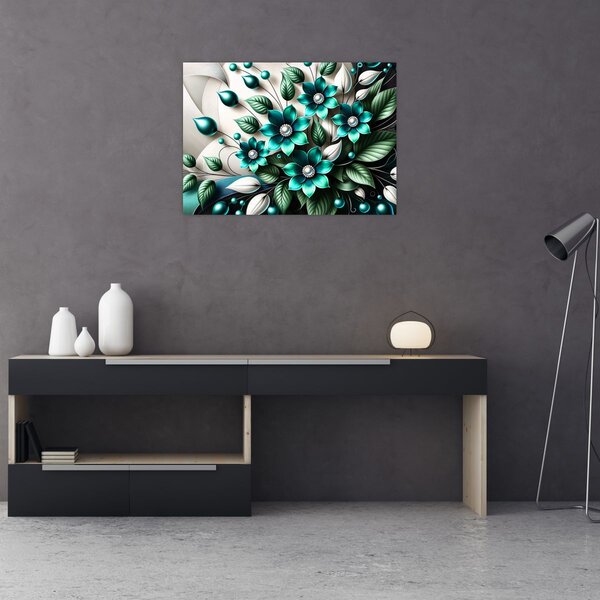 Slika - 3D tirkizni cvjetovi (70x50 cm)