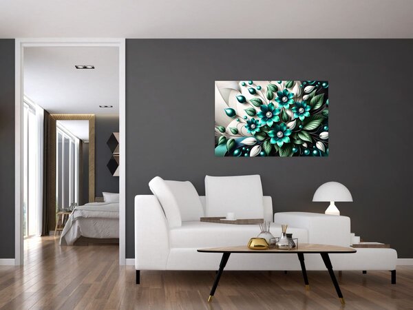 Slika - 3D tirkizni cvjetovi (90x60 cm)