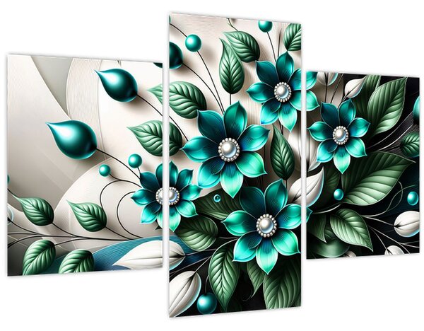 Slika - 3D tirkizni cvjetovi (90x60 cm)