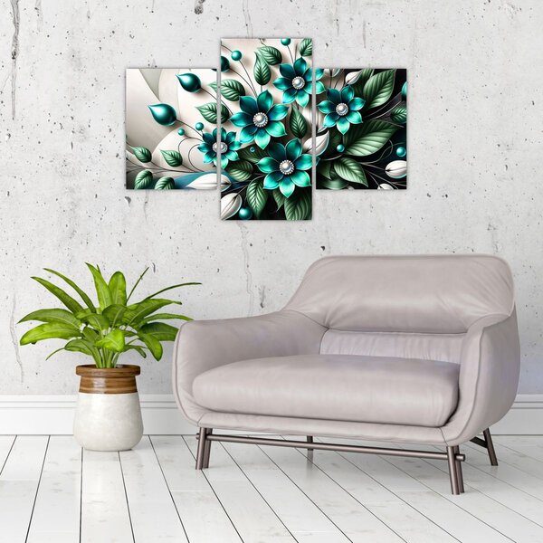 Slika - 3D tirkizni cvjetovi (90x60 cm)