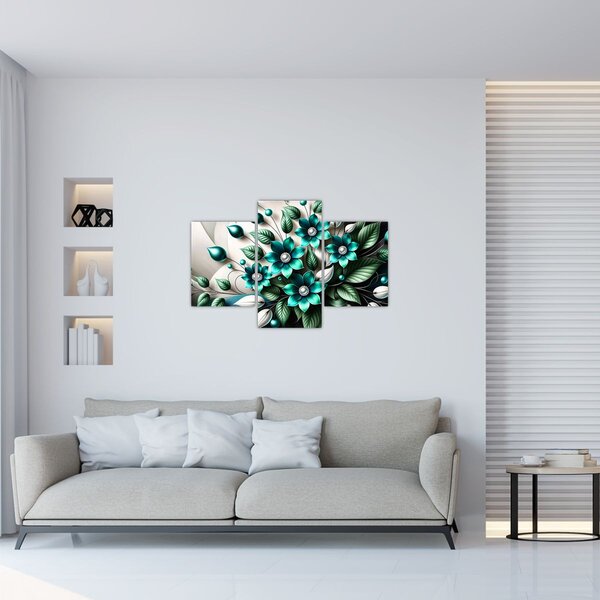 Slika - 3D tirkizni cvjetovi (90x60 cm)