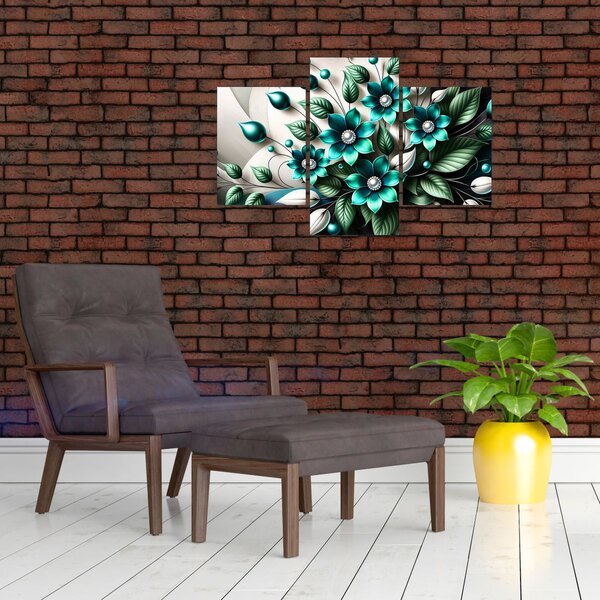 Slika - 3D tirkizni cvjetovi (90x60 cm)