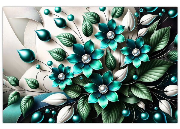 Slika - 3D tirkizni cvjetovi (90x60 cm)