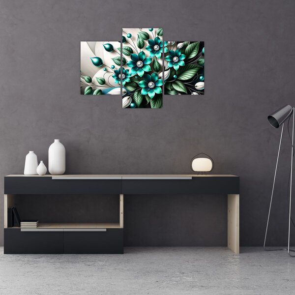 Slika - 3D tirkizni cvjetovi (90x60 cm)