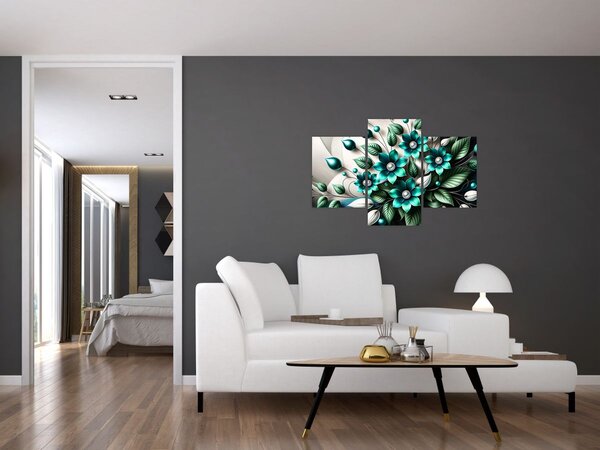Slika - 3D tirkizni cvjetovi (90x60 cm)