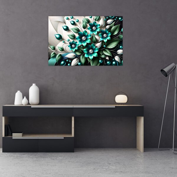 Slika - 3D tirkizni cvjetovi (90x60 cm)