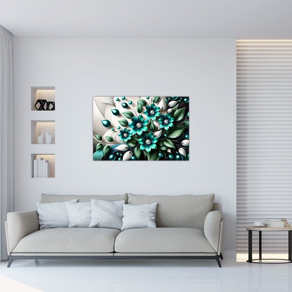 Slika - 3D tirkizni cvjetovi (90x60 cm)