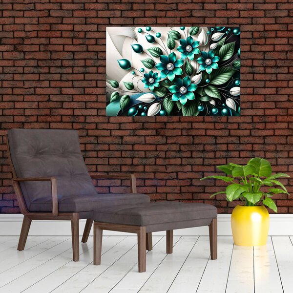 Slika - 3D tirkizni cvjetovi (90x60 cm)