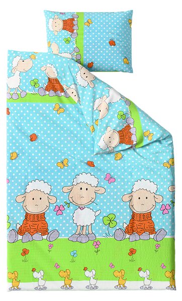 Krepovska posteljina za kinderbet OVČICE plava Dimenzije posteljine: 45 x 65 cm | 90 x 135 cm