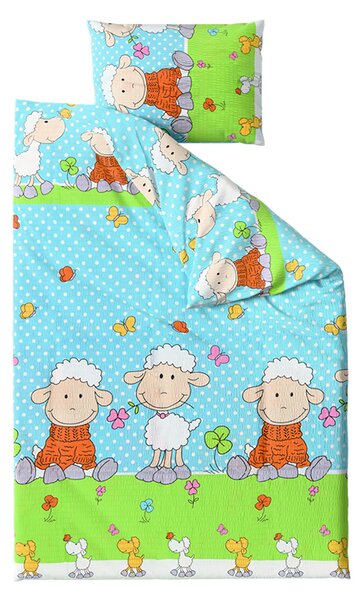 Krepovska posteljina za kinderbet OVČICE plava Dimenzije posteljine: 45 x 65 cm | 90 x 135 cm
