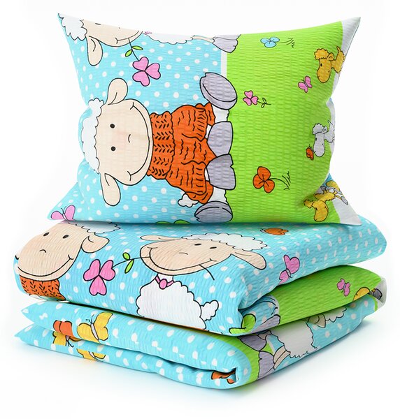 Krepovska posteljina za kinderbet OVČICE plava Dimenzije posteljine: 45 x 65 cm | 90 x 135 cm