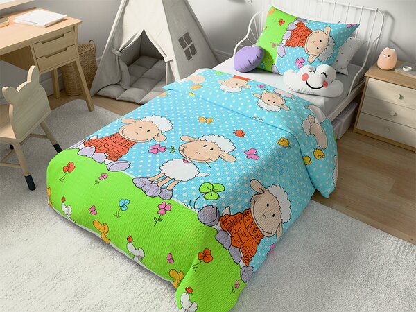 Krepovska posteljina za kinderbet OVČICE plava Dimenzije posteljine: 45 x 65 cm | 90 x 135 cm