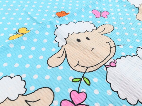 Krepovska posteljina za kinderbet OVČICE plava Dimenzije posteljine: 45 x 65 cm | 90 x 135 cm