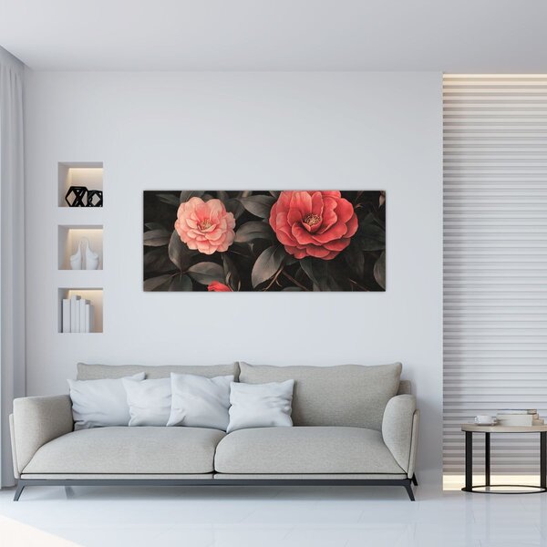 Slika - Crveni cvjetovi na tamnoj pozadini (120x50 cm)