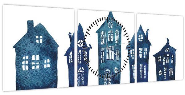 Slika - Plave akvarel kuće (sa satom) (90x30 cm)