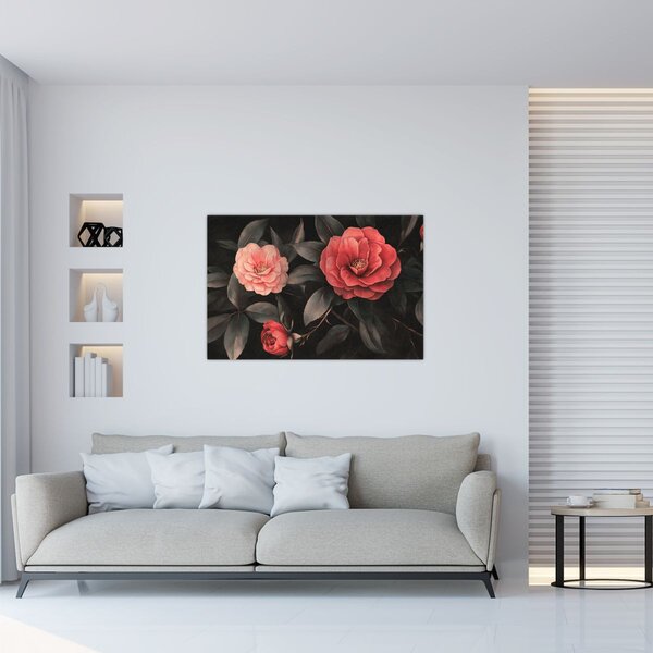 Slika - Crveni cvjetovi na tamnoj pozadini (90x60 cm)