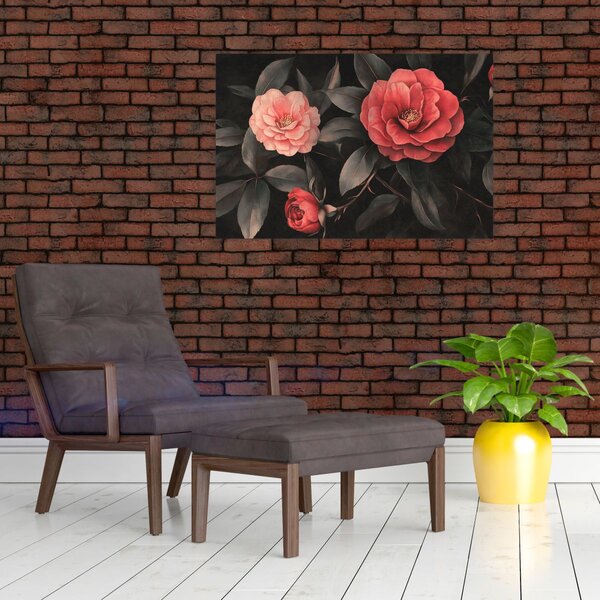 Slika - Crveni cvjetovi na tamnoj pozadini (90x60 cm)