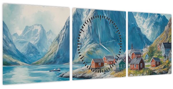 Slika - Norveško selo (sa satom) (90x30 cm)