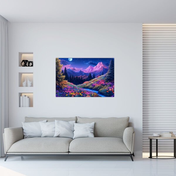 Slika - Ljubičasti krajolik pri punom mjesecu (90x60 cm)