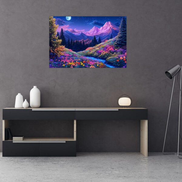 Slika - Ljubičasti krajolik pri punom mjesecu (90x60 cm)
