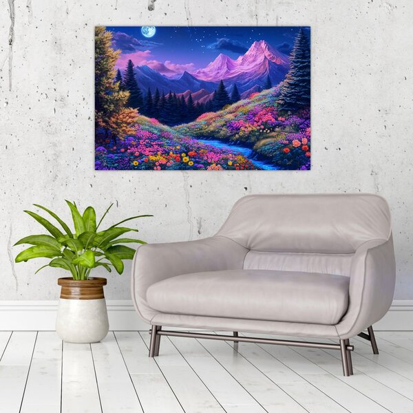 Slika - Ljubičasti krajolik pri punom mjesecu (90x60 cm)