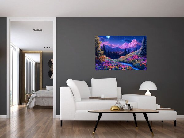 Slika - Ljubičasti krajolik pri punom mjesecu (90x60 cm)