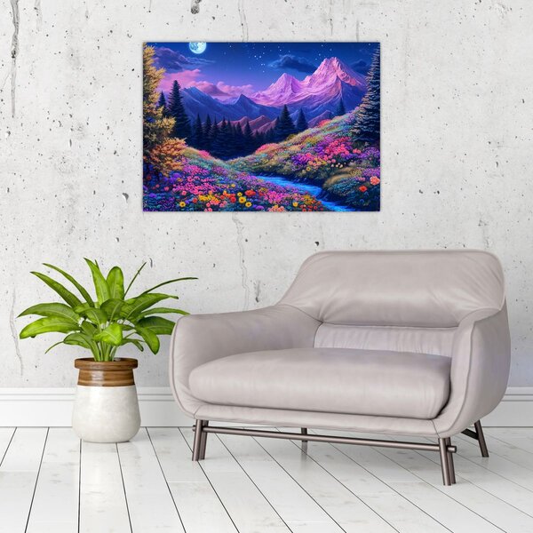 Slika - Ljubičasti krajolik pri punom mjesecu (70x50 cm)