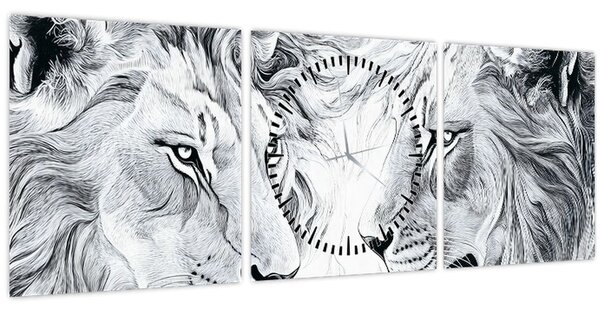 Slika - Nacrtane glave lavova (sa satom) (90x30 cm)