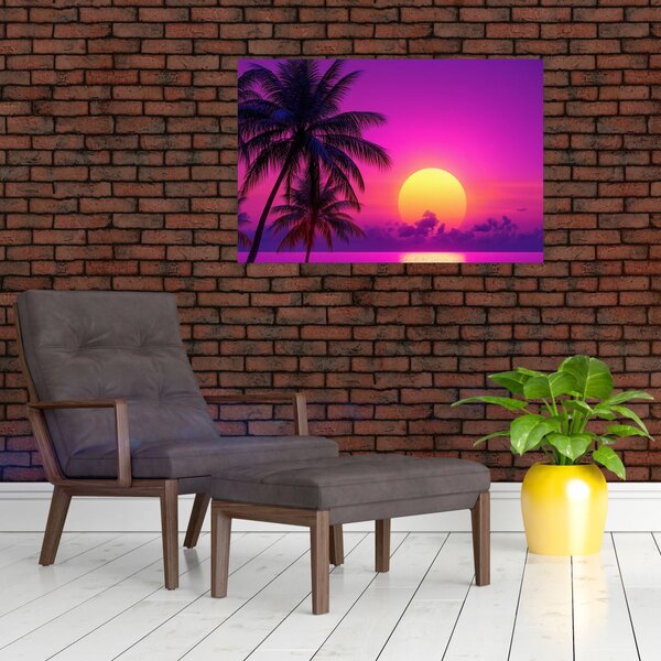 Slika - Ljubičasti zalazak s palmom (90x60 cm)