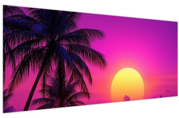 Slika - Ljubičasti zalazak s palmom (120x50 cm)