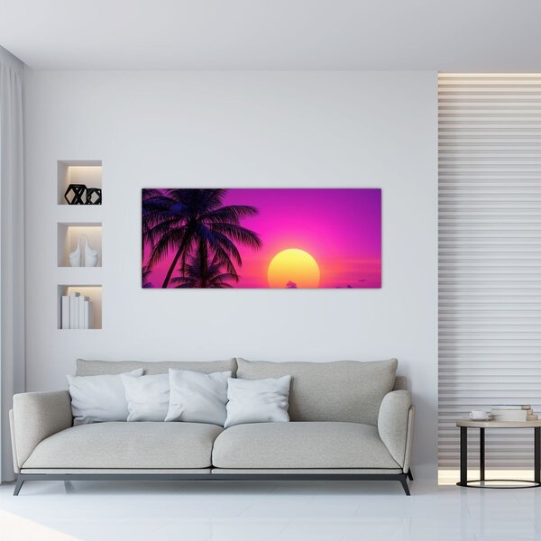 Slika - Ljubičasti zalazak s palmom (120x50 cm)