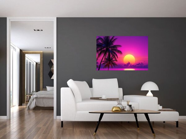 Slika - Ljubičasti zalazak s palmom (90x60 cm)