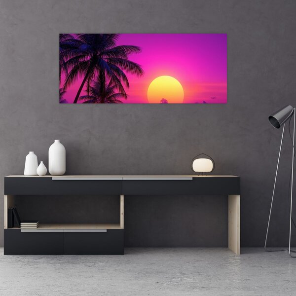 Slika - Ljubičasti zalazak s palmom (120x50 cm)