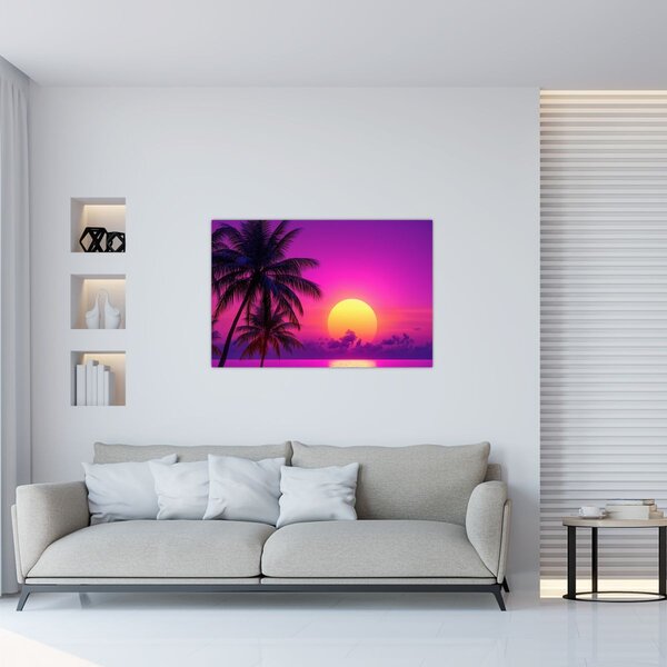 Slika - Ljubičasti zalazak s palmom (90x60 cm)