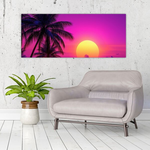 Slika - Ljubičasti zalazak s palmom (120x50 cm)