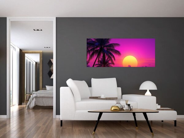 Slika - Ljubičasti zalazak s palmom (120x50 cm)