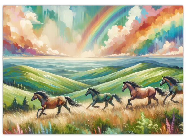 Slika – Konji koji galopiraju kroz krajolik (70x50 cm)