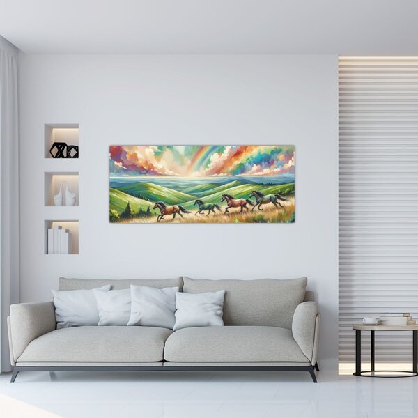 Slika – Konji koji galopiraju kroz krajolik (120x50 cm)