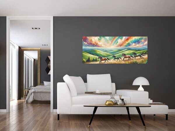 Slika – Konji koji galopiraju kroz krajolik (120x50 cm)