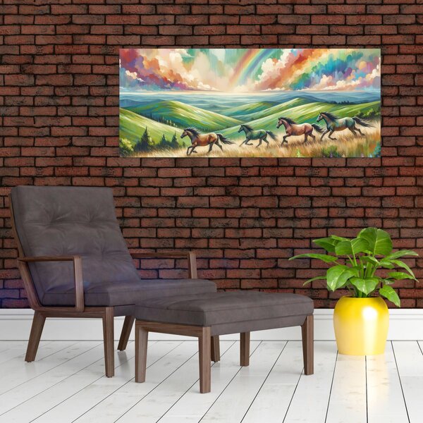 Slika – Konji koji galopiraju kroz krajolik (120x50 cm)