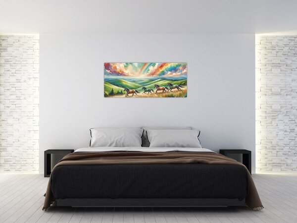 Slika – Konji koji galopiraju kroz krajolik (120x50 cm)