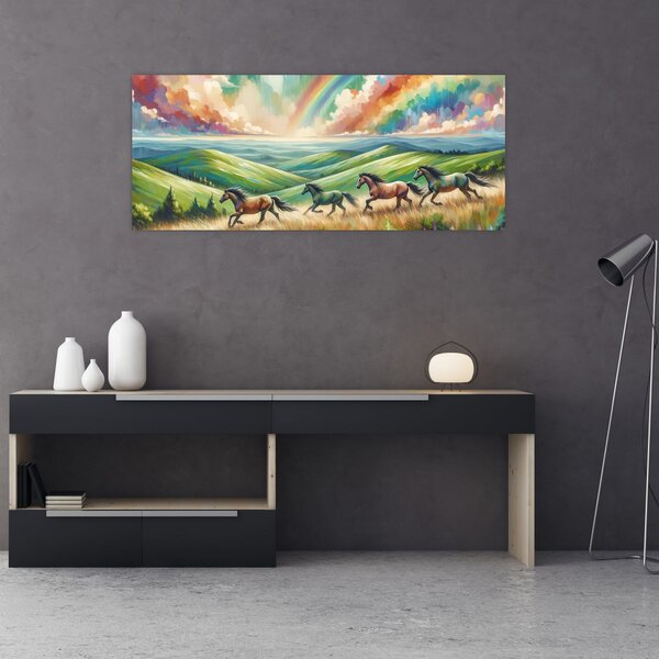 Slika – Konji koji galopiraju kroz krajolik (120x50 cm)