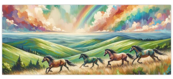 Slika – Konji koji galopiraju kroz krajolik (120x50 cm)